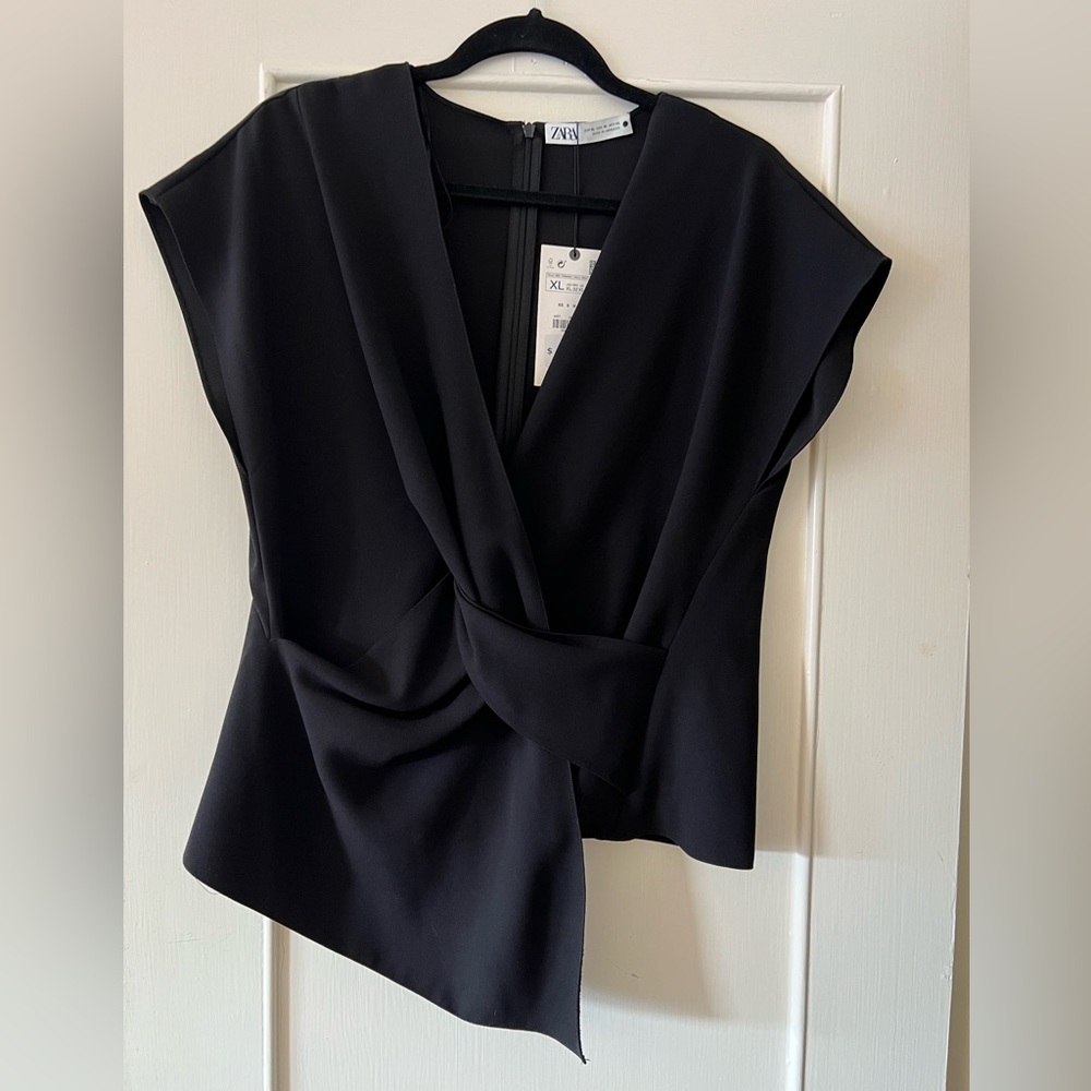 New ZARA Deep V Cap Sleeve Twist Front Blouse XL